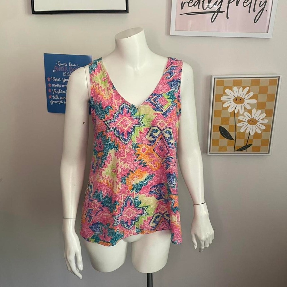 Carmela 2000s Hot Pink Aztec Multi-colored print tank top with open back